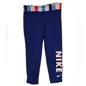 Nike Dri-Fit Girls Medium Navy Stripe Leggings Kids Activewear Gym Yoga Pants